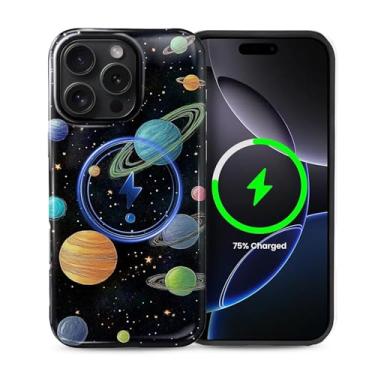 Imagem de Zhhoya Capa para iPhone 16 Pro Max, estampa de planetas universo, brilhante, à prova de choque, capa protetora magnética engraçada estética antiarranhões