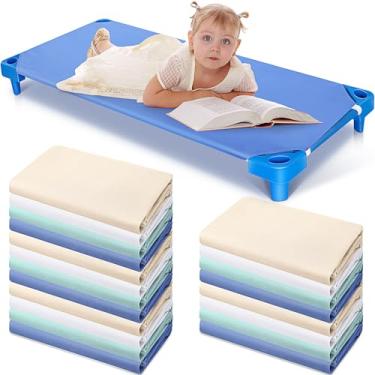 Imagem de Macarrie 30 peças de lençol de berço para crianças pequenas e pré-escolares, algodão puro, tecido respirável, lençol com elástico padrão para meninos e meninas, 130 cm L x 60 cm C (várias cores)