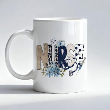 Imagem de Fyecoluo Caneca de enfermeira leopardo azul dourado, presentes de enfermeira para mulheres xícara de café, presentes de agradecimento de enfermeiras, presente de estudante de enfermagem, caneca de