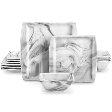 Imagem de MALACASA Conjuntos de pratos e tigelas, conjuntos de louça de porcelana de 12 peças para 4, conjunto de louça quadrada com prato de jantar, conjunto de pratos de cozinha, louça de mármore, resistente