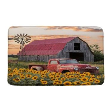 Imagem de Tapete de banho Western Farmhouse, tapete rústico de madeira, caminhão, vermelho, moinho de vento, girassol, campo, amarelo, marrom, banheiro, cozinha, corredor, tapete, 45 x 76 cm