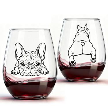 Imagem de ELERGIFTS Taça de vinho sem haste de buldogue francês 473 ml - 2 peças sem haste engraçadas presentes legais para cães para mulheres e homens, aniversários de Natal, uso diário, presente ideal para
