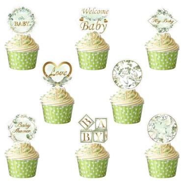 Imagem de 48 Pcs Greenery Cupcake Toppers, "Oh Baby" Sage Green Dessert Picks for Boy or Girl Baby Shower, Botanical Woodland Theme Party Decorations & Cake Supplies