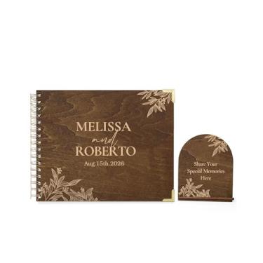 Imagem de HZGUEOSTB Livro de visitas de madeira personalizado com placa de mesa - 100 páginas em branco 27,4 x 21,3 cm encadernado em espiral Polaroid Livro para casamento, festa, aniversário, funeral