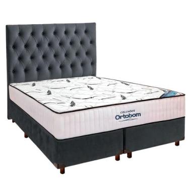 Imagem de Cama Box Cinza + Colchão Queen High Foam Ortobom + Cabeceira