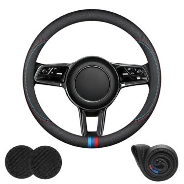 Imagem de Capa de volante de carro de couro Nappa personalizada para Porsche Macan Cayenne 911 Pananera Boxster acessórios, universal de 38 cm com logotipo, antiderrapante e respirável, preta