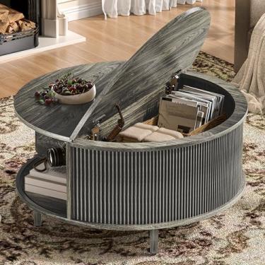 Imagem de Mesa de centro redonda, mesa central canelada de 80 cm com armazenamento, mesa de centro elevatória com almofadas ajustáveis, porta deslizante, mesa central moderna de meados do século para sala de