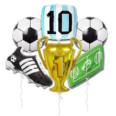 Imagem de Conjunto de 6 peças de bola de futebol pronto para hélio, conjunto de balões metálicos, troféu campeão dourado, design de campo, número 10, para celebração esportiva, copa do mundo, decoração de