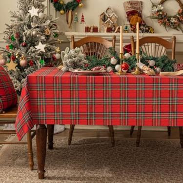 Imagem de Softalker Toalha de mesa xadrez de Natal retangular – toalhas de mesa xadrez vermelho de linho e algodão guingão, decorações de mesa de casa de fazenda de inverno para jantar/festas/feriados, 137 x