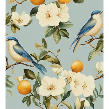 Imagem de Papel de parede Blue Bird Peel and Stick, vintage bege floral frutas de contato, papel de parede botânico retrô 44,5 cm x 299,7 cm autoadesivo removível à prova d'água para prateleiras de quarto