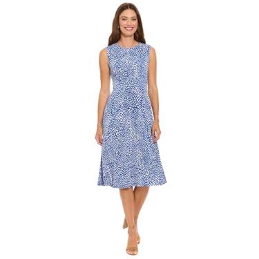Imagem de London Times Vestido midi feminino sem mangas com gola redonda e flare - Vestidos de convidados de casamento, Azul royal/marfim, 44