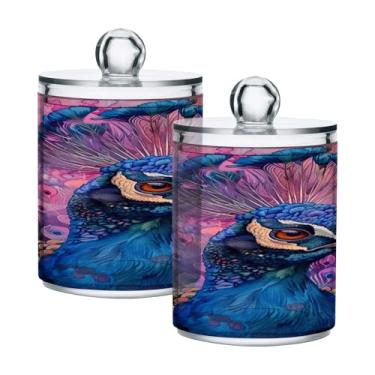 Imagem de ATTX Dispensador de suporte de ponta de pavão em aquarela para bola de algodão, cotonete, frasco de boticário de plástico transparente, pote de armazenamento de cozinha para decoração de casa, pacote