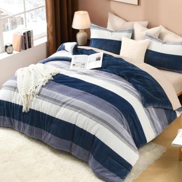 Imagem de Litanika Conjunto de edredom solteiro de lã fofa, luxuoso, macio, felpudo, azul mineral, listrado, para todas as estações (1 edredom, 1 fronha)