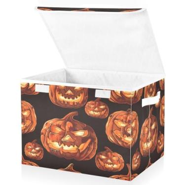 Imagem de Blueangle Caixas de armazenamento dobráveis 1 pacote, cestas de armazenamento assustadoras de abóboras de Halloween com tampas e alça para casa, quarto, armário e escritório (146)