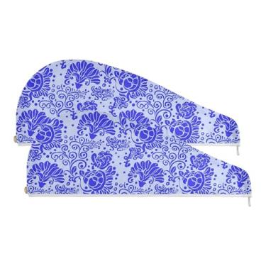Imagem de SEHANY Bohemia Toalha de cabelo de microfibra flor azul para mulheres 2 peças turbantes de cabelo de secagem rápida com botão, touca de cabelo seco absorvente toalha de secagem de cabelo para cabelos
