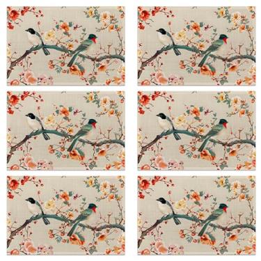 Imagem de Conjunto de 6 jogos americanos vintage para pintura de pássaros, linho lavável para o Natal, Ação de Graças, festa e jantar diário, tapetes de mesa decorativos para mesa de 4 a 6 pessoas