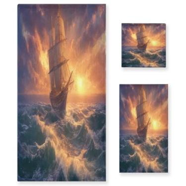 Imagem de ATTX Conjunto de toalhas de banho de pintura a óleo de navio à vela de 3 peças - Ultra macio e de secagem rápida, toalhas de mão absorventes de grau de hotel e spa para banheiro #590