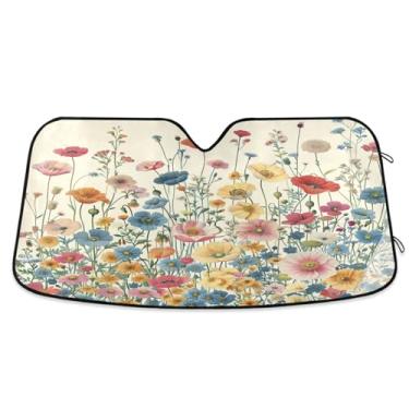 Imagem de ATTX Pára-brisas de carro colorido flores silvestres 134.6 cm x 59.7 cm Protetor solar universal com proteção UV, persiana de janela frontal automática dobrável para caminhões Sedans SUVs #266