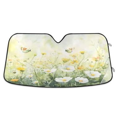 Imagem de ATTX Guarda-sol verde flores silvestres e borboletas 4 pára-brisas de carro 134.6 cm x 59.7 cm protetor solar universal com proteção UV, persiana de janela frontal automática dobrável para sedãs SUVs