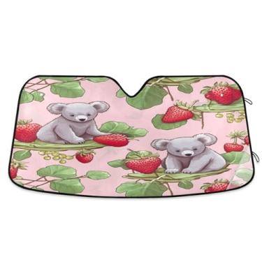 Imagem de ATTX Dois Koalas Morangos Para-brisas Carro Para-brisas 144.8 cm x 80.0 cm Escudo Solar Universal com Proteção UV, Persiana de Janela Frontal Auto Dobrável para Sedans SUVs Caminhões #376