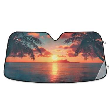 Imagem de ATTX Belas palmeiras para-sol para para-brisas de carro 134.6 cm x 59.7 cm Protetor solar universal com proteção UV, persiana de janela frontal automática dobrável para caminhões Sedans SUVs #130