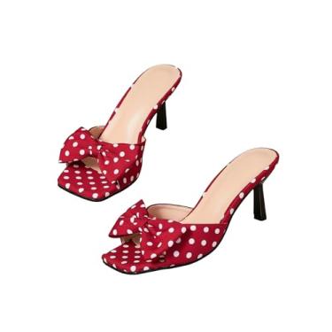 Imagem de MakeMeChic Sandália feminina de bolinhas com laço e nó de salto quadrado, Vermelho e branco., 40
