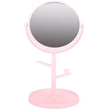 Imagem de Espelho de Mesa com Suporte Gatinho, Base Organizadora, Rotação 360°, Rosa, Plástico e Vidro, 31x14,5x15cm