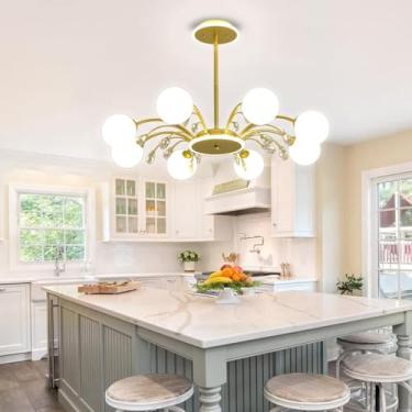 Imagem de Lustre moderno estilo Sputnik com 6 lâmpadas em formato de globo, acabamento em metal escovado e cúpula de vidro branco, ideal para sala de jantar, cozinha, ilha ou quarto.