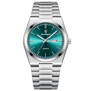 Imagem de FORSINING Relógios masculinos de quartzo com pulseira de aço inoxidável, Prata - Verde