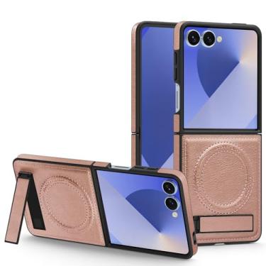 Imagem de Capa de couro com carregamento sem fio para Samsung Galaxy Z Flip 7 6 5 4 3 5g Zflip5 Zflip6 com suporte magnético (para Galaxy Z Flip4/Ouro Rosa)