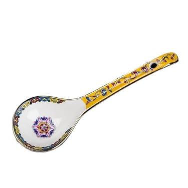 Imagem de Concha de sopa Colher de sopa cerâmica chinesa com cabo longo, colher esmaltada porcelana, pequena para, arroz, ramen, cereais, 1 peça(Yellow)