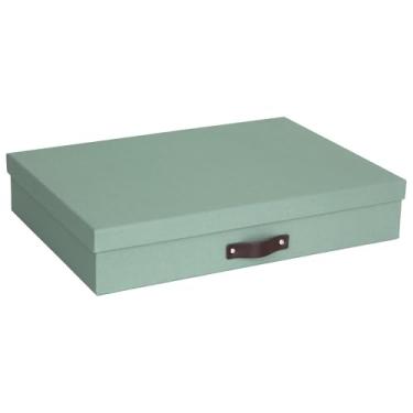 Imagem de Bigso Sverker Caixa de armazenamento de documentos de papelão de fibra com tampa para papéis A3 e tamanho ofício, revistas e arte - Caixa de lembrança resistente e empilhável com alça de couro - L