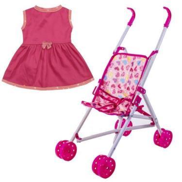 Imagem de Kit Carrinho Para Boneca Bebê Reborn + Vestido Rosa Menina - DM Toys