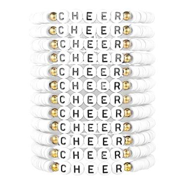 Imagem de Dreuyet 12 pulseiras de torcida para mulheres e homens, presentes de líder de torcida, empilháveis, coloridas, multicamadas, Heishi, surfista, argila de polímero CHEER, pulseira da amizade, dia do