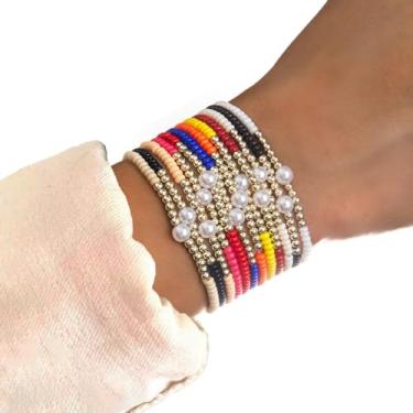 Imagem de Pulseira feminina boho de pérola, conjunto empilhável com contas douradas, presente de joias em camadas, pulseira moderna para uso diário