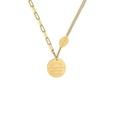 Imagem de Macosic Colar vintage retrô leve de luxo de camada dupla com fivela redonda, suéter de nicho, corrente de clavícula moderna, dois estilos de uso, Aço inoxidável, Sem Pedra Preciosa