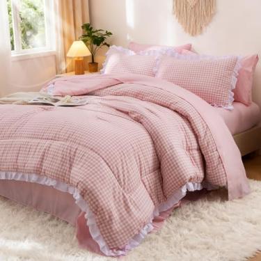 Imagem de A Nice Night Conjunto de edredom com 5 peças, leve, macio, rústico, rosa, com babados, xadrez, chique, para cama queen