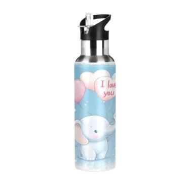 Imagem de Wassud Garrafa de água com desenho animado elefante balão de coração de férias garrafa de água esportiva de aço inoxidável com canudo garrafas de água isoladas copo portátil de viagem 946 ml