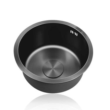 Imagem de PVXMQFFA Mini pia de cozinha redonda, pias pequenas de aço inoxidável 304, pia preta de tigela única, pia de nano caravana com transbordamento para trailer, bar, restaurante, montagem inferior e