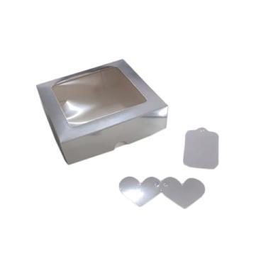 Imagem de Caixa de Presente, Cosmético ou Artesanatos com Visor + Tags | 15x15x4cm | Estampa Natal, Flores, Coração(Prata,05)