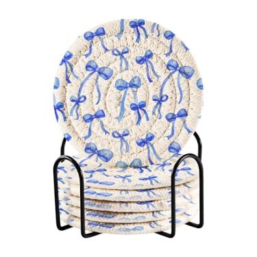 Imagem de SEHANY Lindo conjunto de 6 porta-copos de laço azul com suporte, porta-copos redondos absorventes de algodão resistente ao calor para mesa de jantar, canecas de café, 10 cm