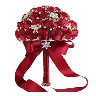 Imagem de TUAGYMKR Buquê de casamento para noiva, dama de honra, casamento, quinze anos, ramo de flores de rosas artificiais com broche brilhante (66#vermelho-escuro, mini (diâmetro 6,3"/16 cm))