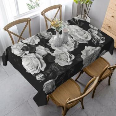 Imagem de SKKNT Toalha de mesa de jantar preta e branca com estampa de rosa 89 x 139 cm, retangular, impermeável, reutilizável, festa de jantar