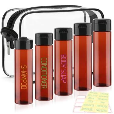 Imagem de Cosywell Pacote com 5 frascos de viagem de 100 ml para artigos de higiene pessoal pré-impressos, frascos de xampu de viagem, aprovados pela TSA, frasco de compressão à prova de vazamento para loção
