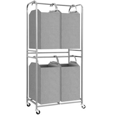 Imagem de STORAGE MANIAC Cesto de roupa vertical de 4 seções, classificador de roupa de 2 camadas com 4 sacolas removíveis, cesta de roupas com rodinhas para toalhas, cobertores, cesto de roupas sujas alto para