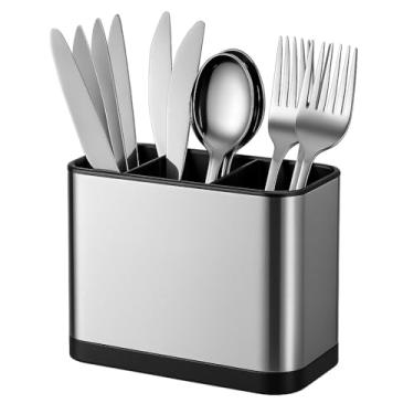 Imagem de Escorredor Porta Talheres em Aço Inoxidável Inox 4 Compartimentos com Drenagem Integrada