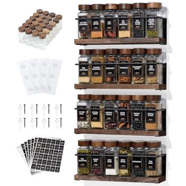 Imagem de KitHero Organizador de temperos de parede de 4 camadas com 24 frascos de vidro, 216 etiquetas e funil – suporte de parafuso/adesivo, armazenamento de especiarias de metal preto e madeira para armário