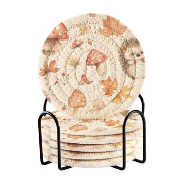 Imagem de SEHANY Conjunto de 6 porta-copos de cogumelos florestais com suporte, porta-copos redondos absorventes de algodão resistente ao calor para mesa de jantar, canecas de café, 10 cm