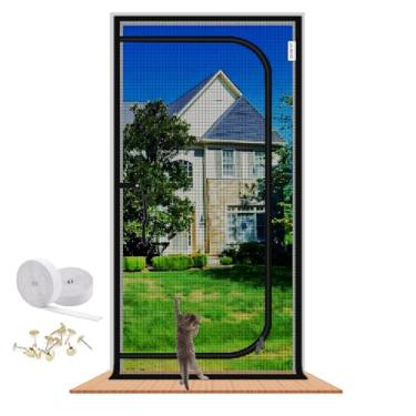 Imagem de Porta de tela de gato 35,5 x 82,5 pol. Malha reforçada resistente a gatos Creen porta com zíper porta de tela à prova de animais de estimação previne cortinas de porta de escape de animais de