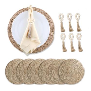 Imagem de Jogo americano Boho de tecido, conjunto de 6 com anéis de guardanapo de madeira, tapetes de mesa de vime de vime de jacinto de água natural de 33 cm, pratos carregadores para decorações de Ação de